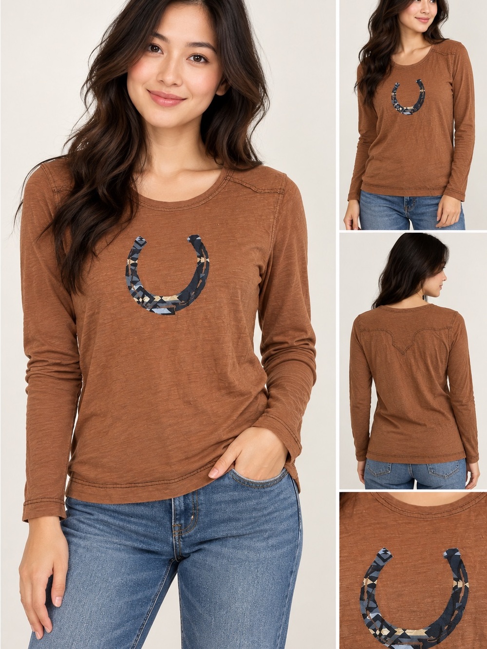 Pendleton Womens Horseshoe Long Sleeve Graphic Tee Brown XL Western Back Yoke